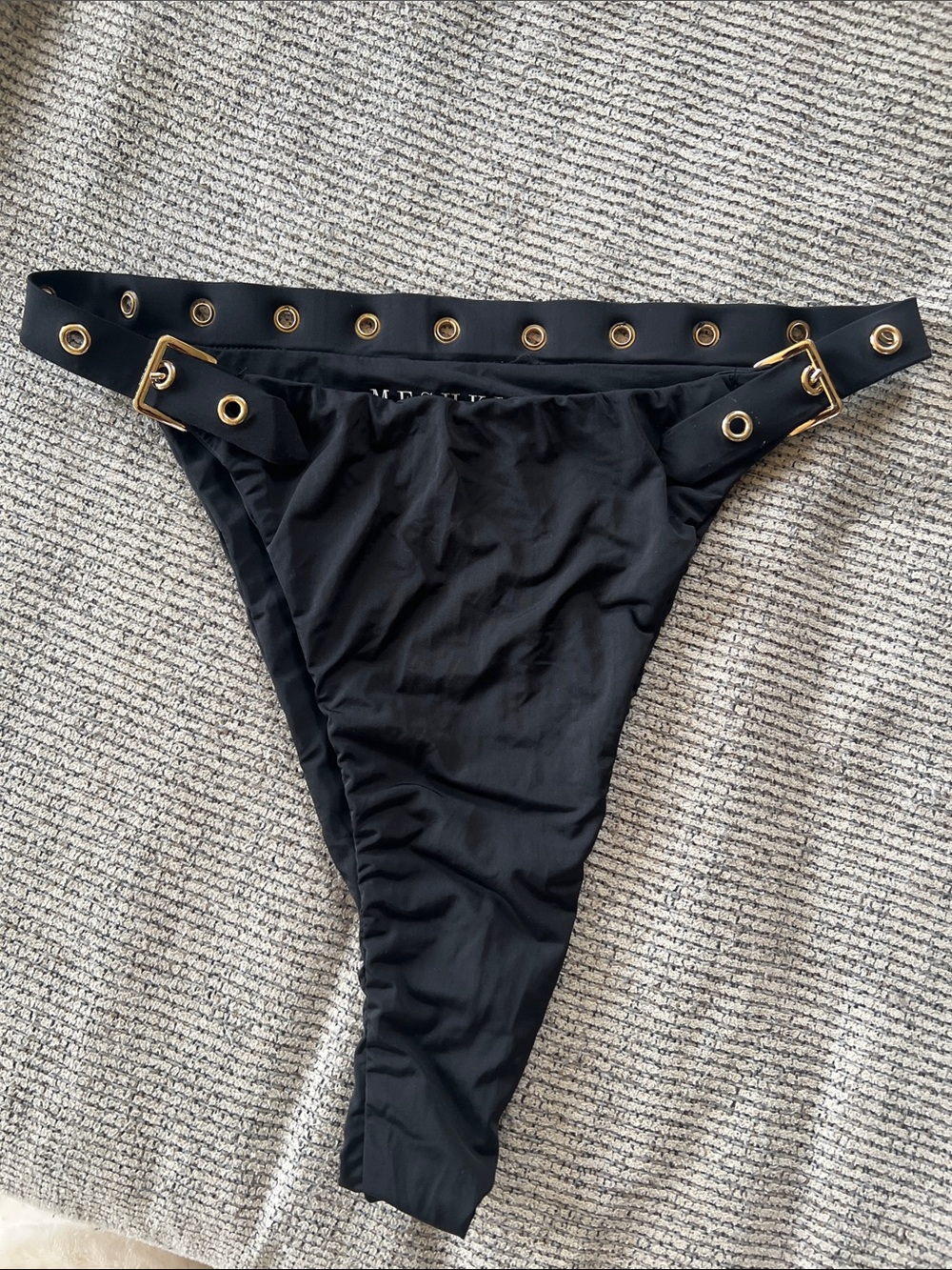 Meshki Black Bikini Bottom with Gold Eyelet Belt